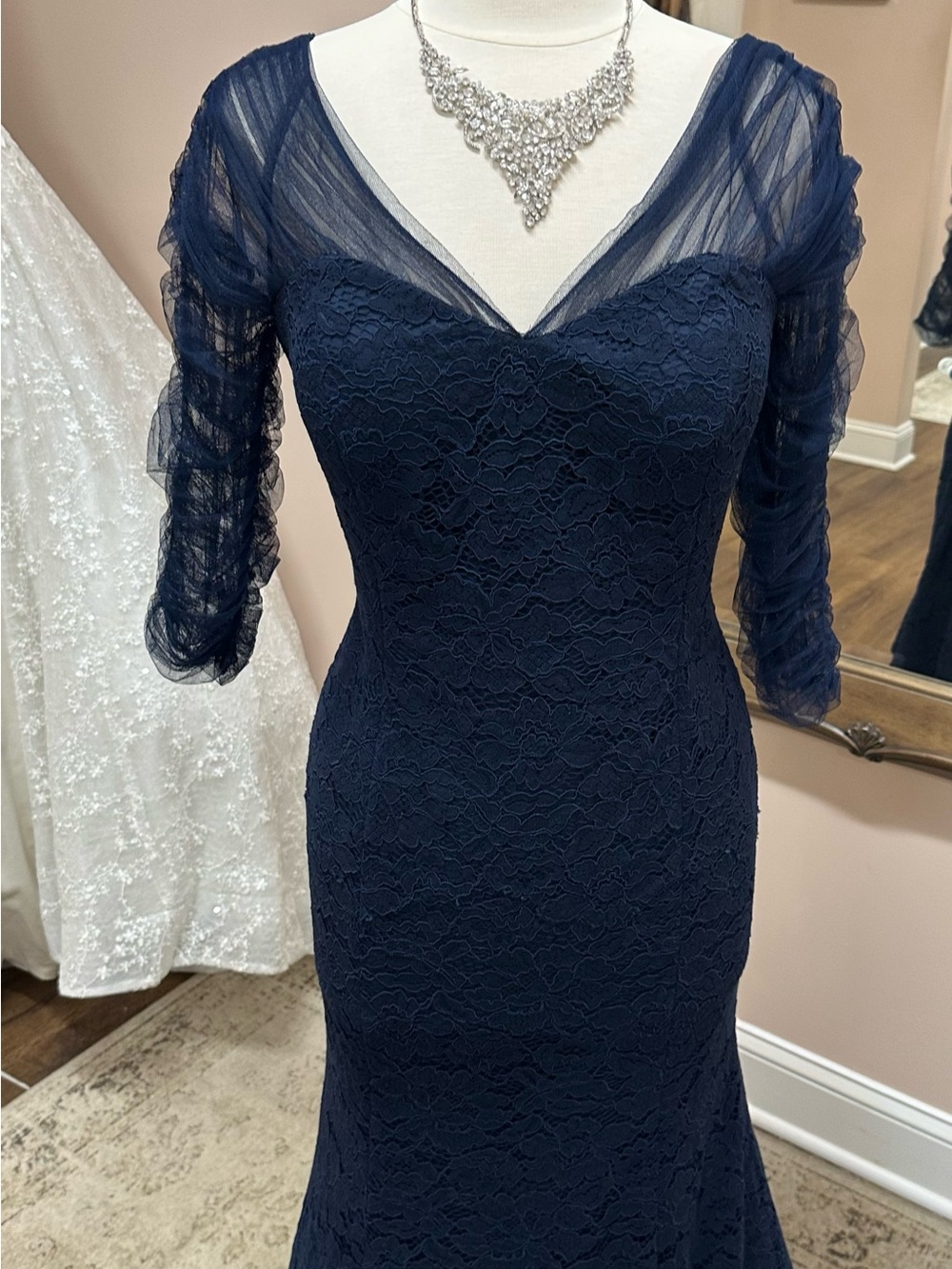 Elegant Navy Lace Evening Dress with Sheer Sleeves  PETITE Size 12